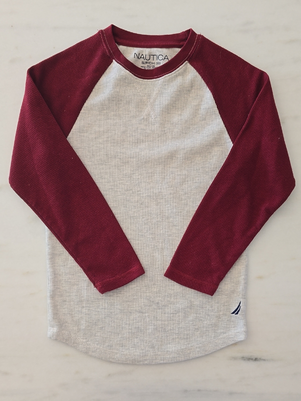 Nautica Maroon Raglan Long Sleeve Tee Boys Heather White/Gray Body Size 8